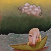 big headed guy in boat with sheep cloud