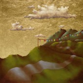 landscape mountains gold leaf sky clouds and triangle flags with path