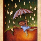 open front shadow box. guy with umbrella and gold leaf rain drops