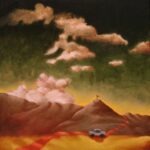 landscape with clouds and blue car