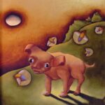 dog with fireflies and gold leaf sky