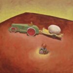 still life with egg truck and monkey