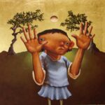 hang 10 painting figure with hands up gold leaf sky and trees