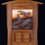 special one of a kind Jim McCarthy frame with landscape of houses, trees, and gold leaf sky