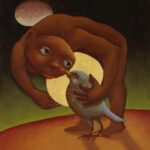 Brown guy leaning over bird gold leaf halo